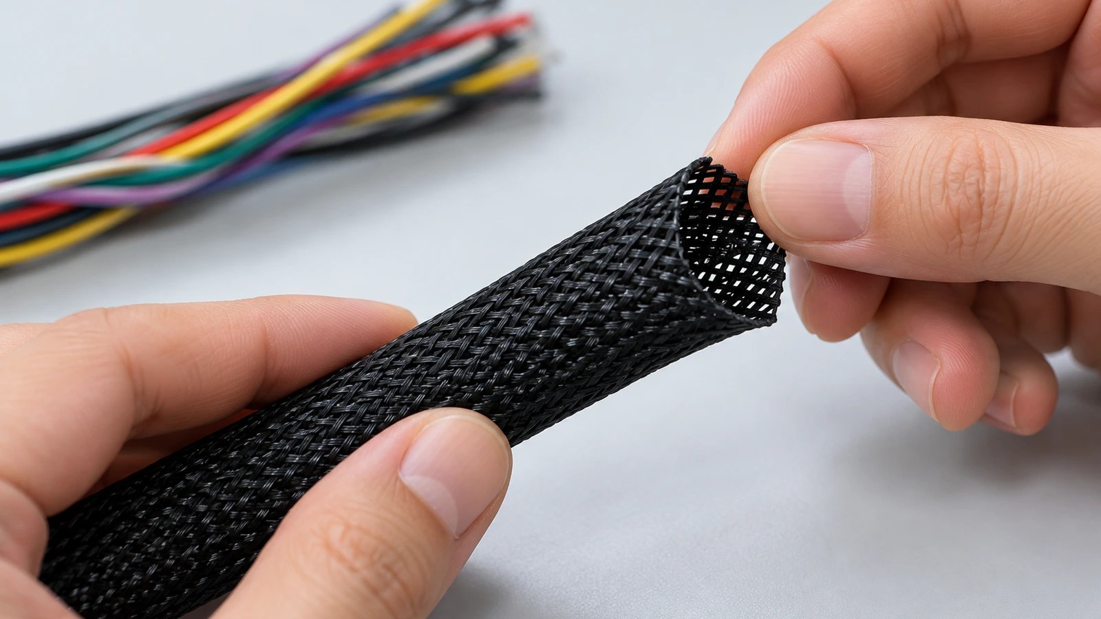 Illustrative inspection of a black braided sleeve cut end before harness assembly
