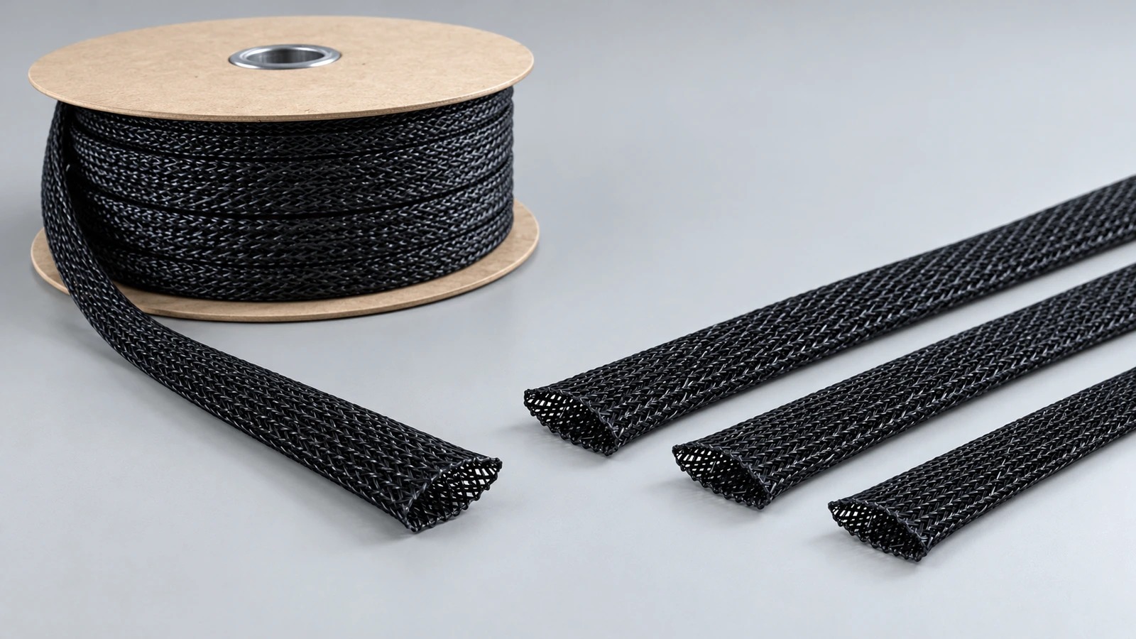 An illustrative reel of black braided sleeve beside separate prepared sleeve pieces