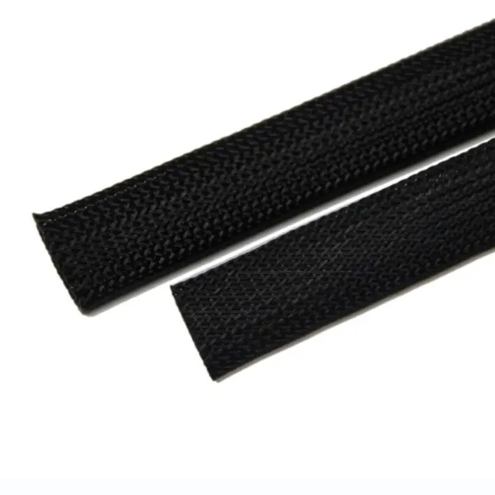 Two straight black open-braid sleeve lengths